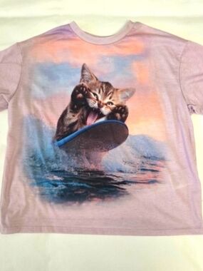 H&M Lavender Cat Surf Graphic Tee with Blue Accents Size 12/14